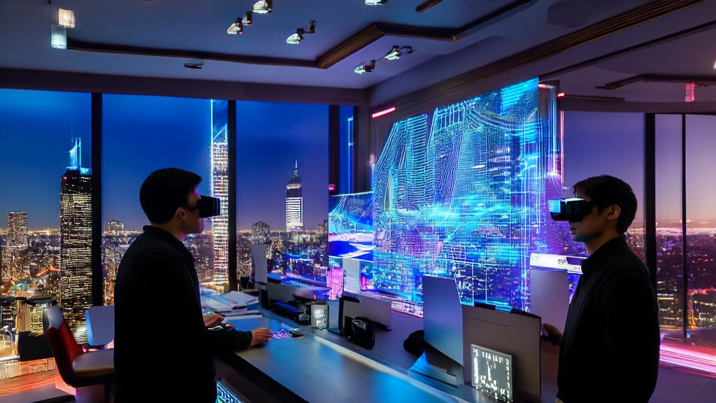 Scene of a future cross-border e-commerce office using AI for customer acquisition and interaction