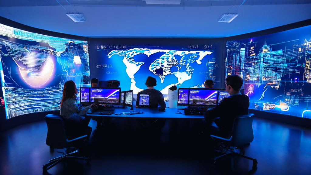 未来跨境电商办公室内，创业者利用AI技术和实时翻译耳机与全球客户沟通，墙上显示全球市场动态数据。