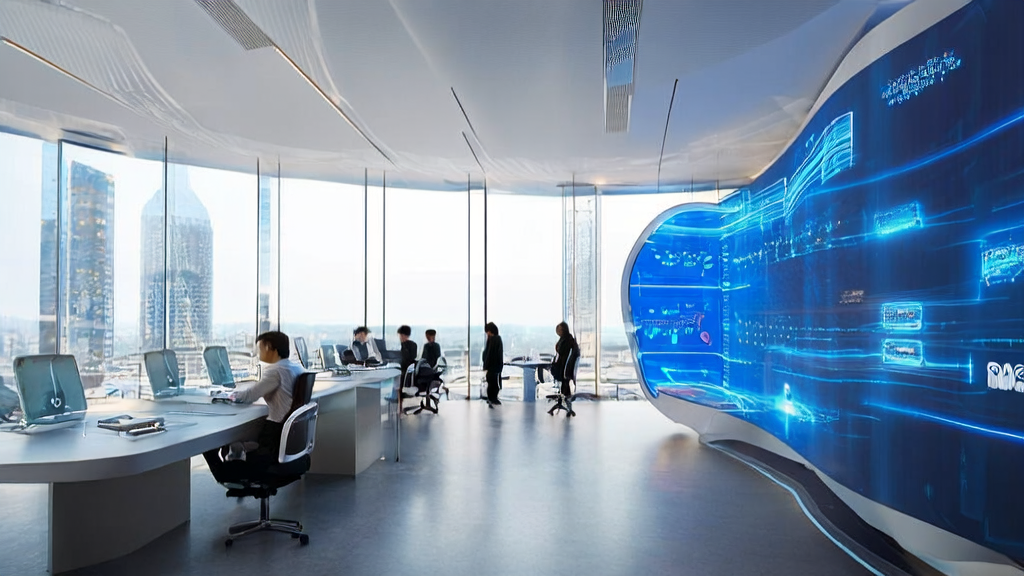 Employees in a futuristic cross-border e-commerce office interacting with AI systems to enhance work efficiency and precise customer acquisition