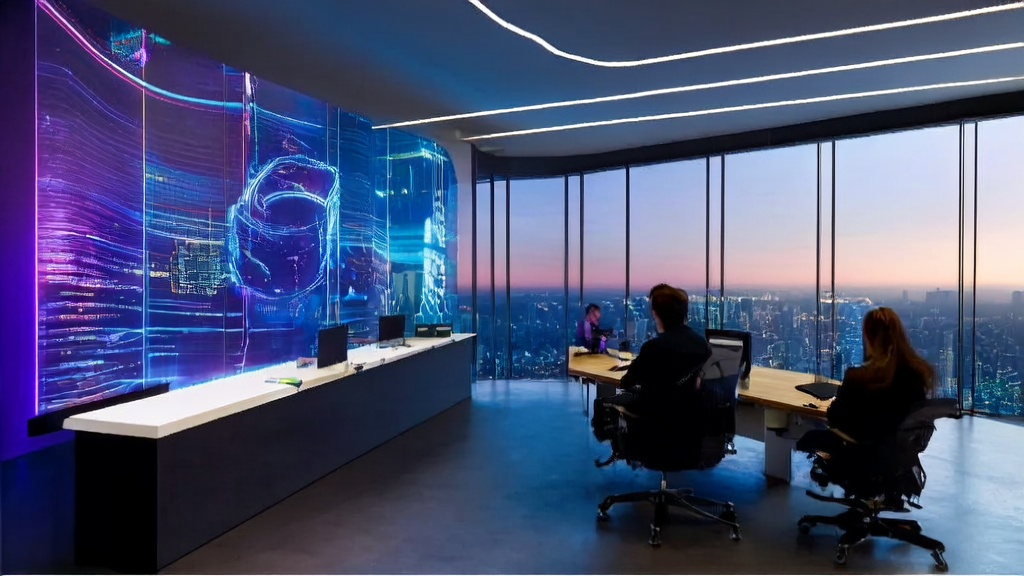 未来跨境电商办公室，AI助手与人类员工协作，展示AI技术在跨境电商中的应用