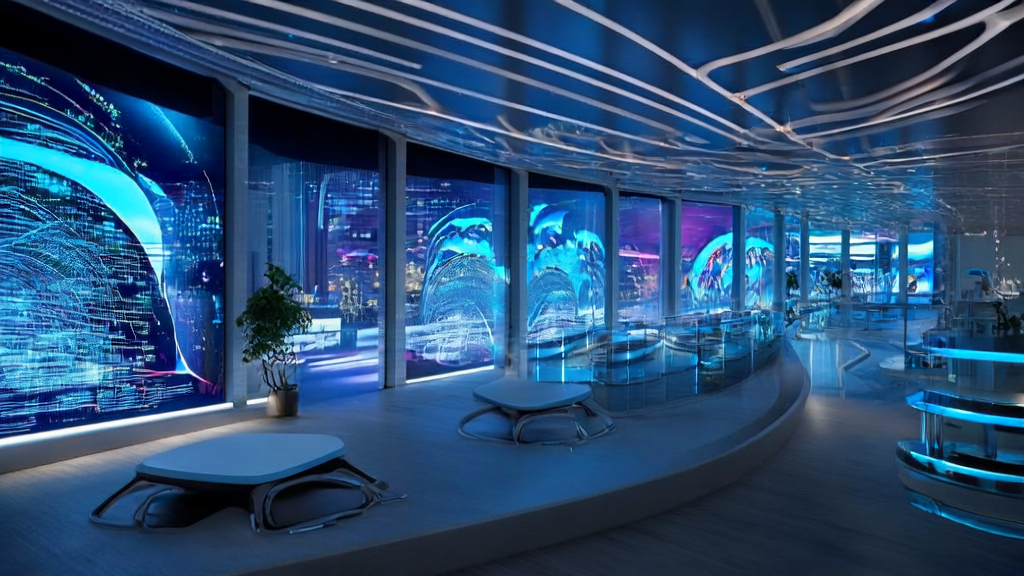 未来跨境电商办公室内员工使用AI技术进行全球市场操作