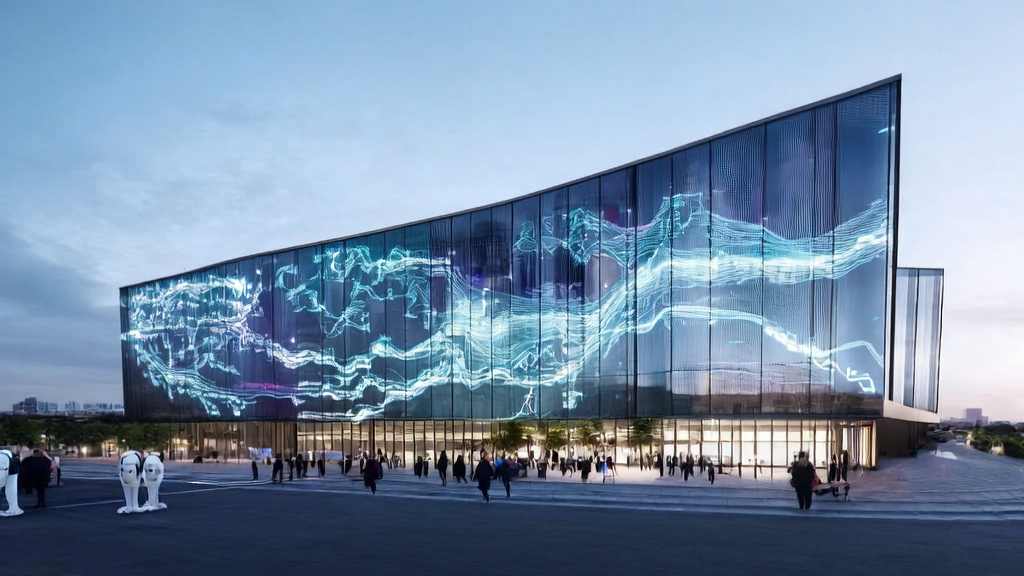 A modern cross-border e-commerce office building in 2025, showcasing the application of AI technology in advertising optimization, multilingual generation, and customer prediction.