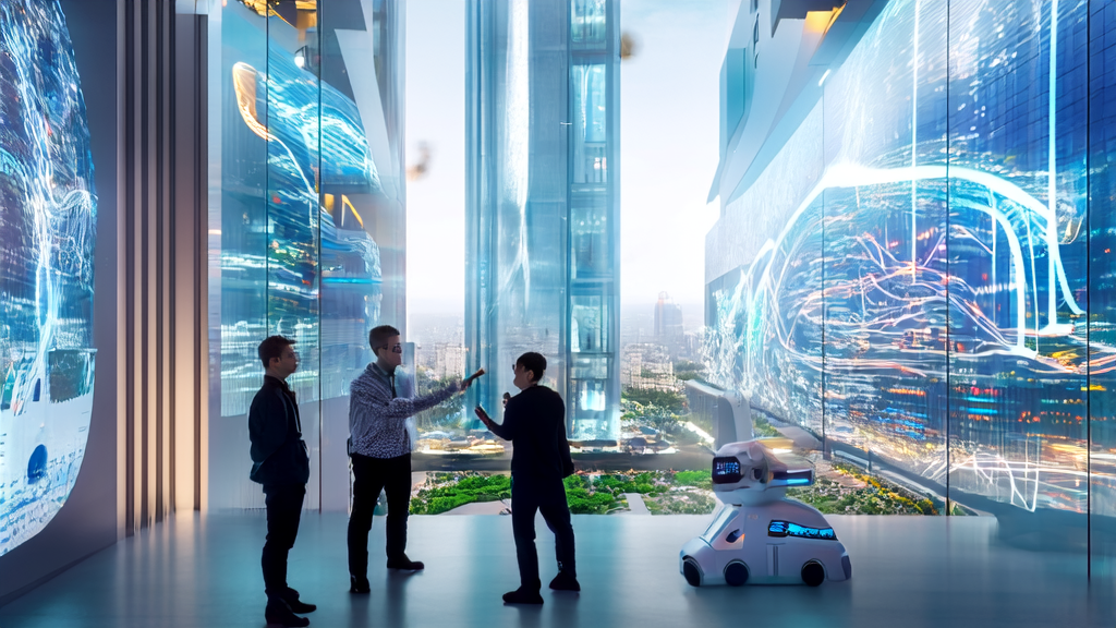 A future cross-border e-commerce team discussing AI-optimized ad placement strategies around a smart robot