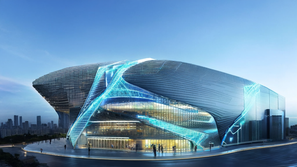 未来跨境电商大楼内部,展示AI获客技术的应用场景