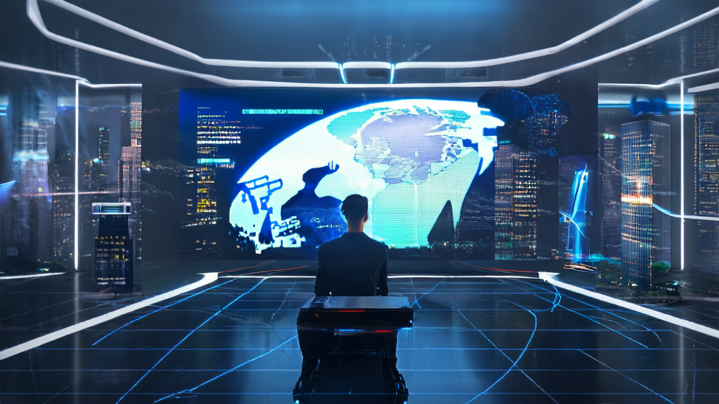 A futuristic cross-border e-commerce office scene with smart devices and global market data