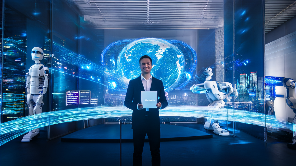 未来跨境电商办公室中的年轻创业者利用AI技术进行数据分析，背景是繁华的城市夜景