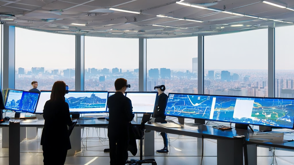 Future cross-border e-commerce office where employees use AI email automation tools for precise marketing