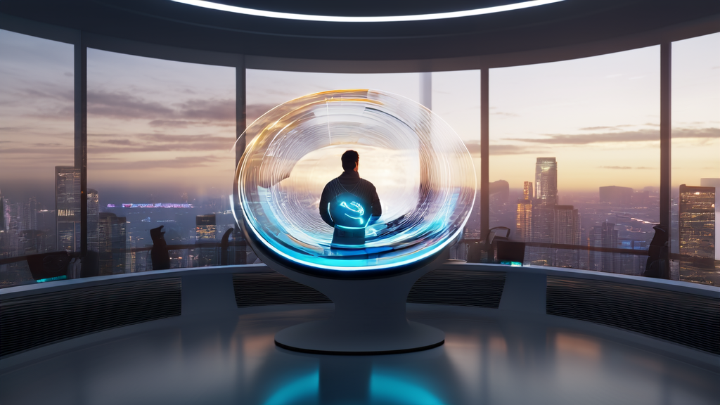 Scene of a futuristic cross-border e-commerce office showcasing AI video editing tools and global market data