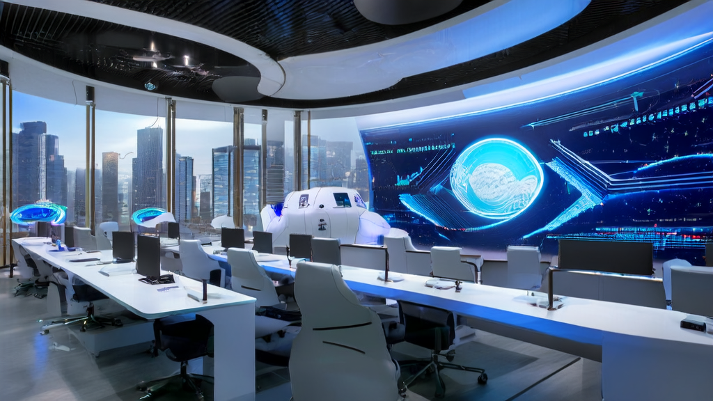 Modern workspace in a future cross-border e-commerce office with an AI assistant robot and real-time data analysis screens
