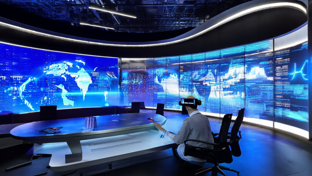 Future cross-border e-commerce office where employees use AI technology for global market data analysis and customer interaction