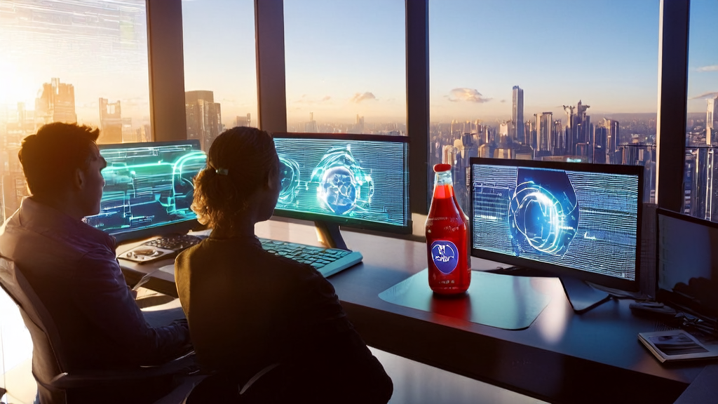 未来跨境电商办公室内景，展示AI邮件自动化工具和数据分析图表，窗外是繁华的城市景象