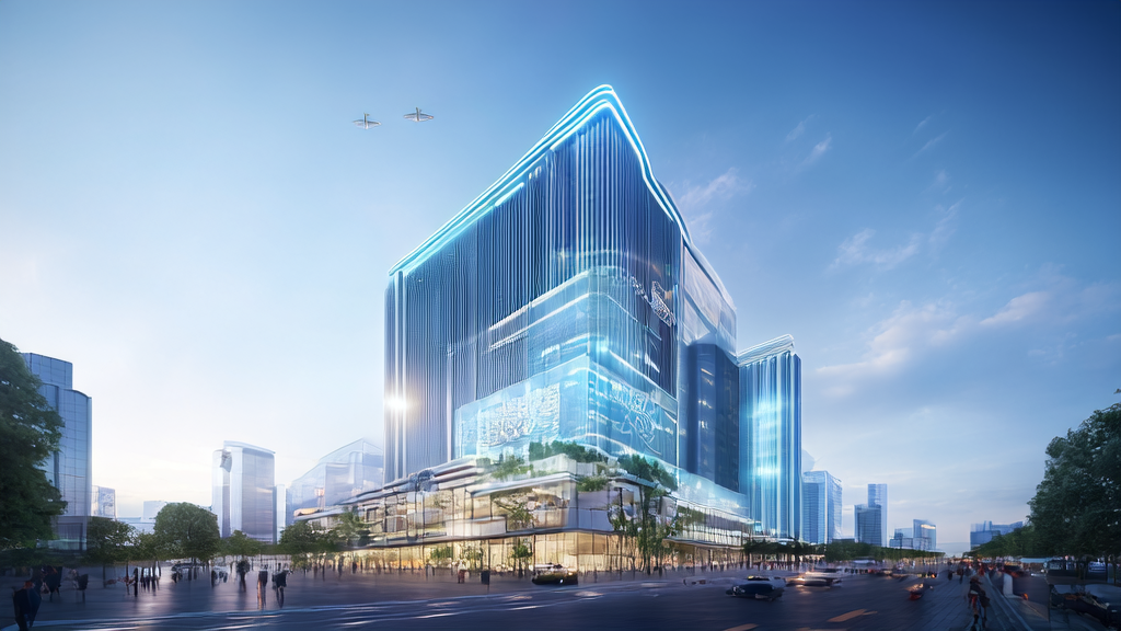 未来的跨境电商大楼前展示着各种AI技术驱动的产品和服务