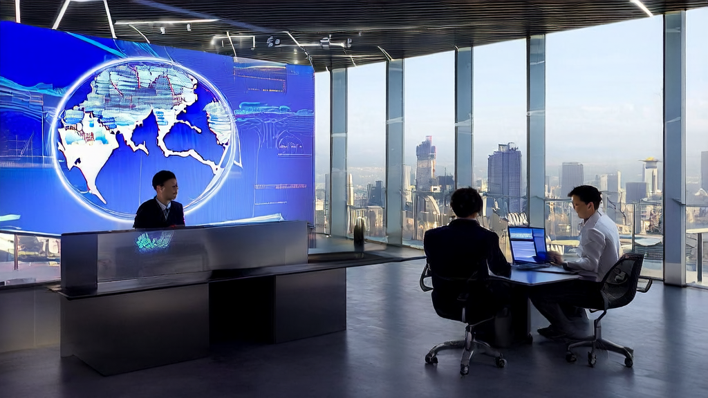 Future cross-border e-commerce office where the team discusses breaking growth bottlenecks using AI technology