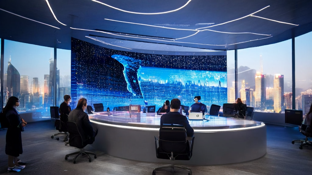 未来跨境电商办公室中员工利用AI技术进行高效获客及多语言内容创作