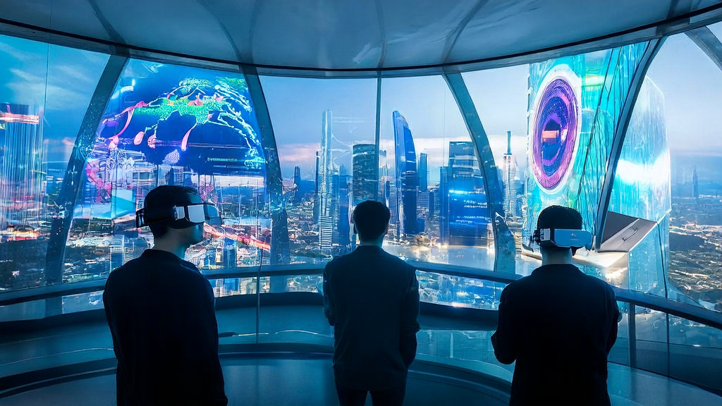 Interior of a future cross-border e-commerce office where employees use AI technology for data analysis, with a view of a modern cityscape outside the window