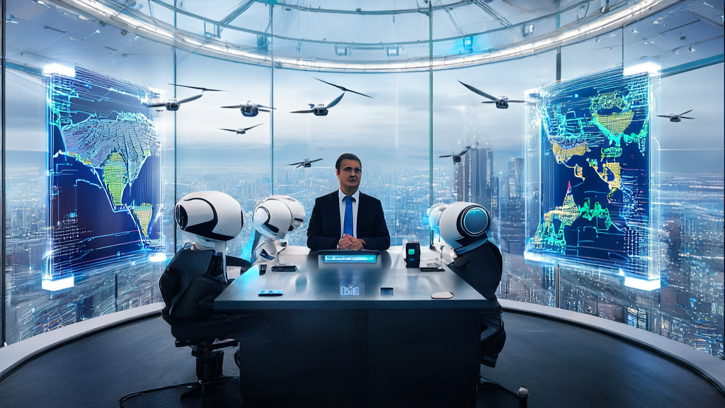 A scene depicting a business owner using AI technology for efficient customer acquisition and management in the future of cross-border e-commerce