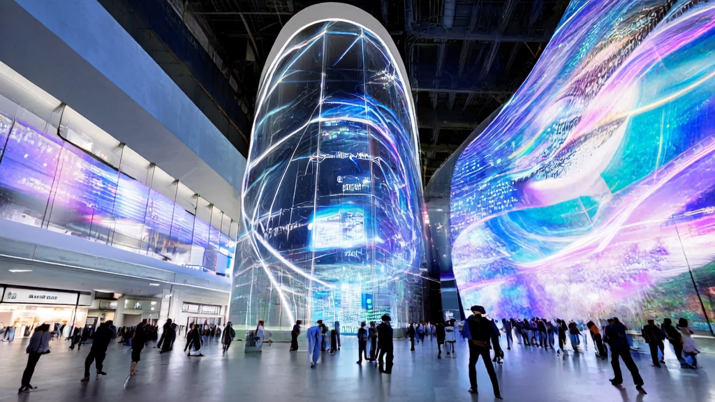 Future cross-border shopping center showcasing AI technology for efficient customer acquisition and innovation