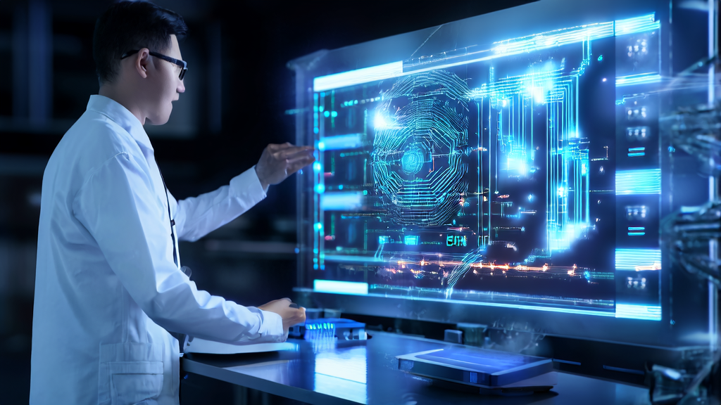 A futuristic lab showcasing the operation of an AI-powered customer acquisition system