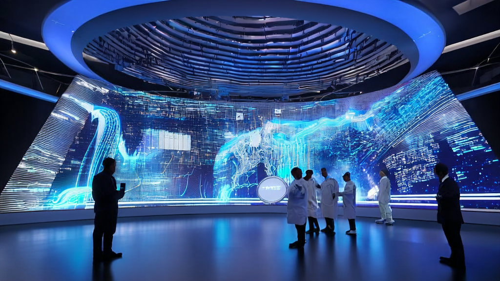 Scientists in a futuristic lab are researching AI-optimized ad placement technology, showcasing the latest AI chips and data analysis charts.