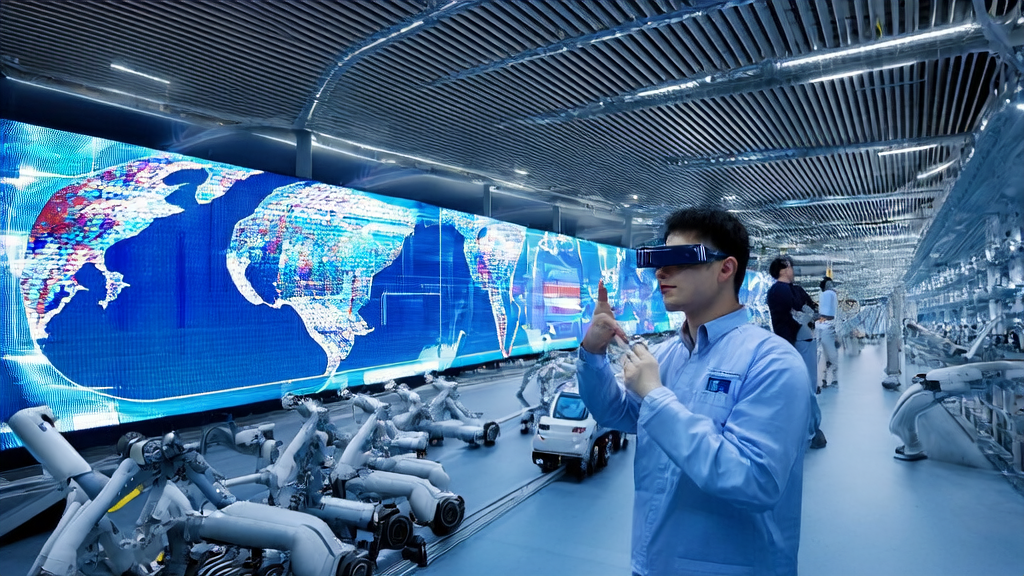 In a futuristic manufacturing factory, an engineer uses AI to analyze customs data for precise customer acquisition