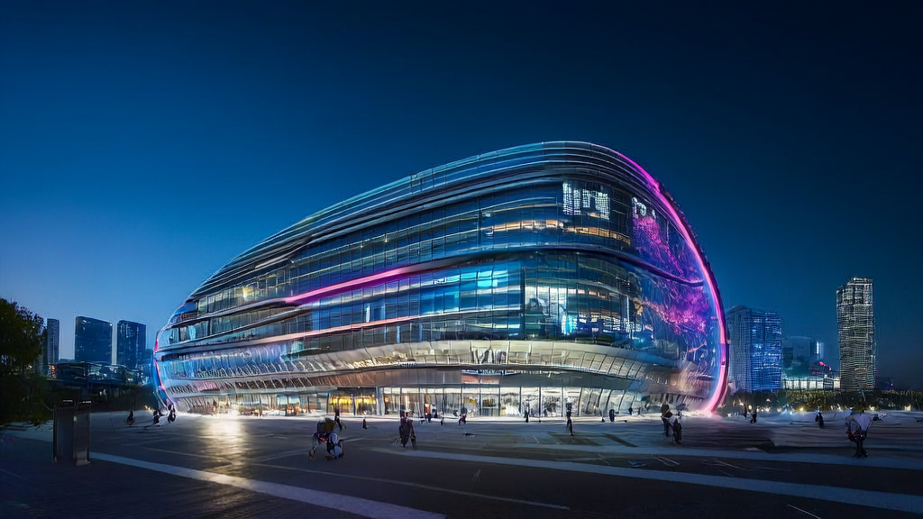 A futuristic office building at night, with an AI team processing global market data, showcasing the new era of cross-border e-commerce.