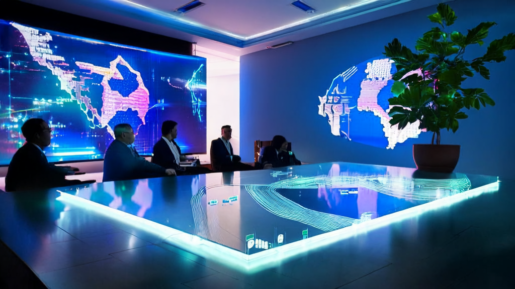 未来感会议室中企业家讨论AI客户预测模型