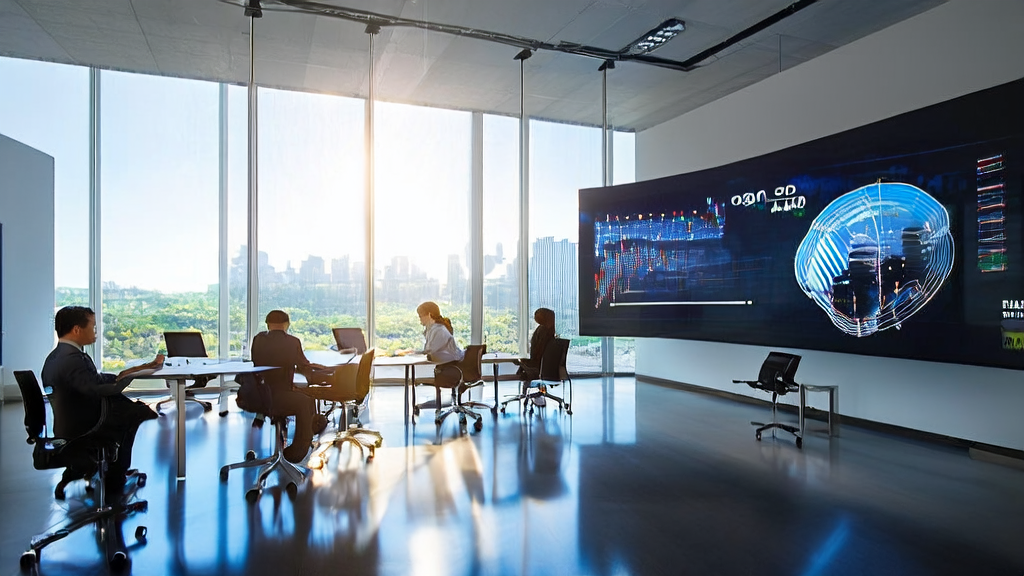 In a modern office, data analysts are discussing AI-optimized advertising strategies, with a poster celebrating Harness's successful funding in the background.
