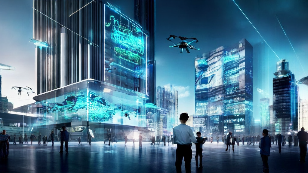 The future is here: A new chapter in AI marketing and cross-border e-commerce customer acquisition, showcasing intelligent robots, digital billboards, and drone deliveries.