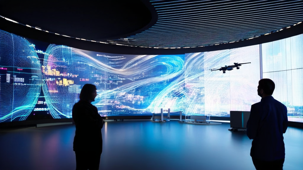 In a futuristic office, analysts monitor manufacturing customs data through transparent screens, with drones and smart robots assisting in real-time AI customer prediction modeling