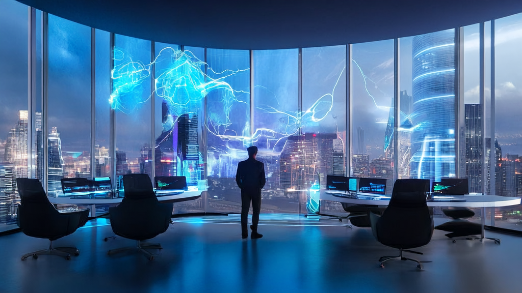 Entrepreneur in a future office using Manus browser extension for AI-driven customer acquisition