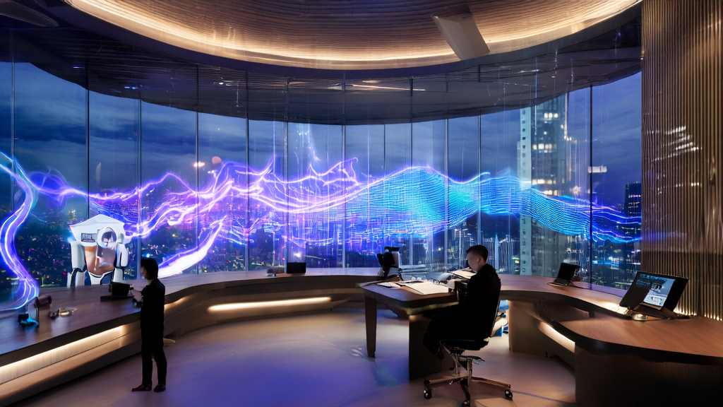 Entrepreneurs discussing AI customer prediction models in a futuristic office, showcasing precise acquisition technology