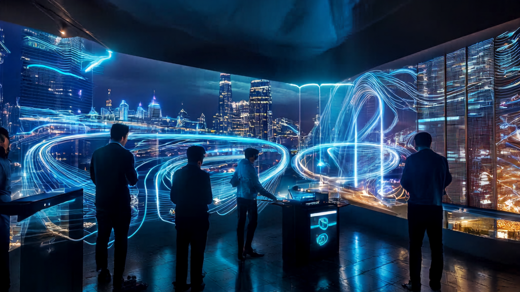 未来办公室中的年轻创业者们利用AI技术进行跨境电邮营销优化