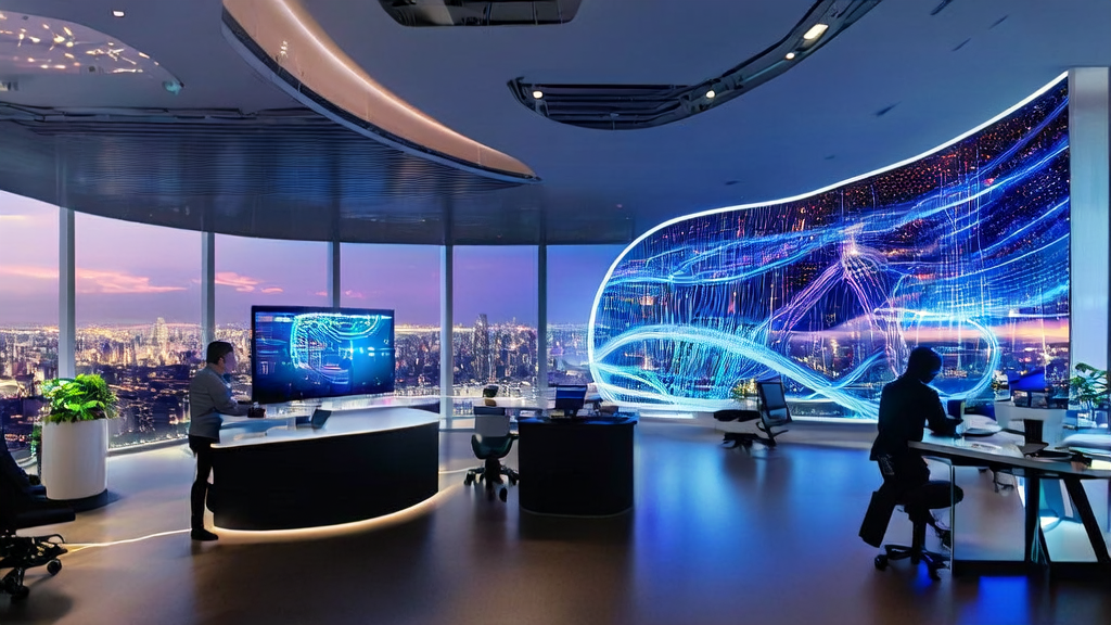 未来感办公室内，工程师们通过AI技术优化跨境电商获客策略