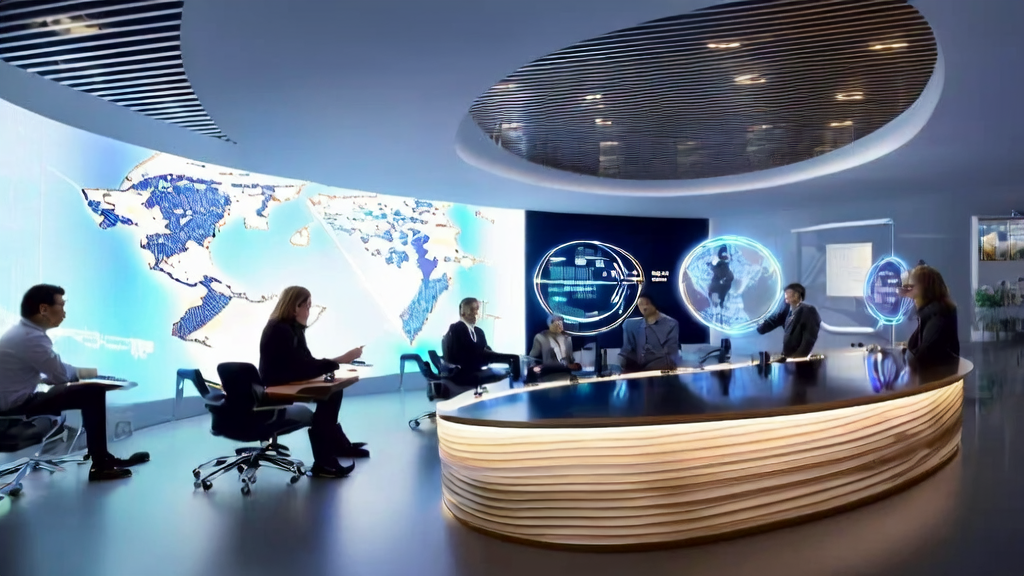 Entrepreneurs discussing new AI acquisition strategies in a futuristic office