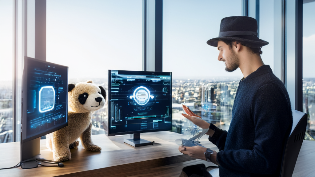 A scene in a futuristic office where an entrepreneur is interacting with the GPT-Realtime model using the AI intelligent acquisition system, with sunlight streaming through the windows.