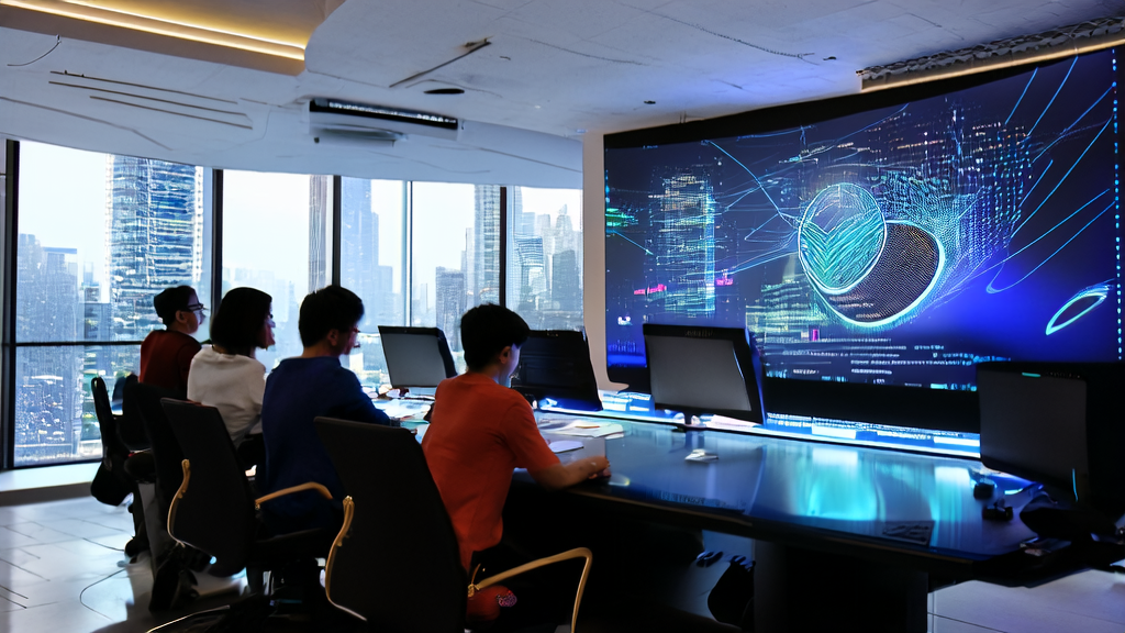 A futuristic office where a cross-border e-commerce team is using an AI email polishing tool to optimize email content, while discussing the future of AI technology with a hologram of Turing Award winner LeCun.