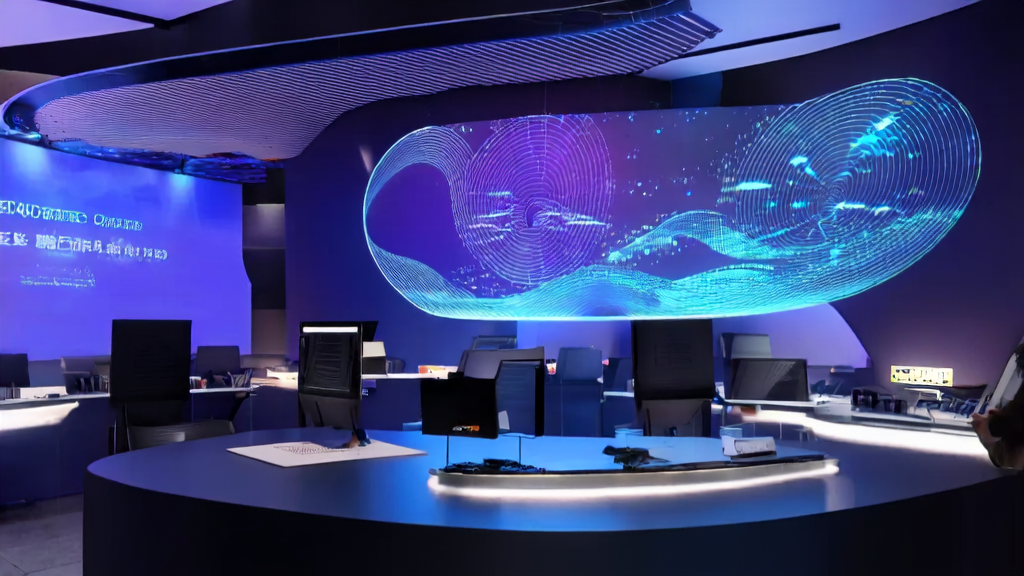 Future office showcasing AI customer prediction models and compact Qwen3-VL edge device