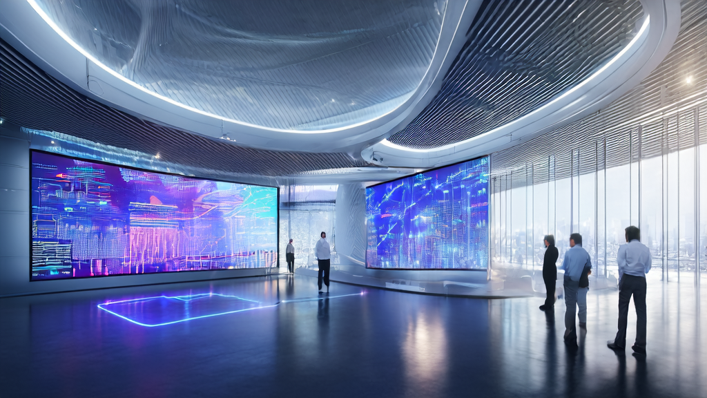 In a futuristic office setting, a data analyst uses AI technology to analyze customer behavior in real-time and optimize acquisition strategies