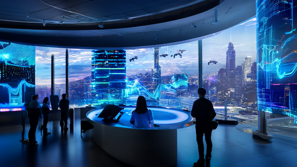 In a high-tech office of the future city, data scientists are using AI technology for precise customer acquisition and ad optimization.