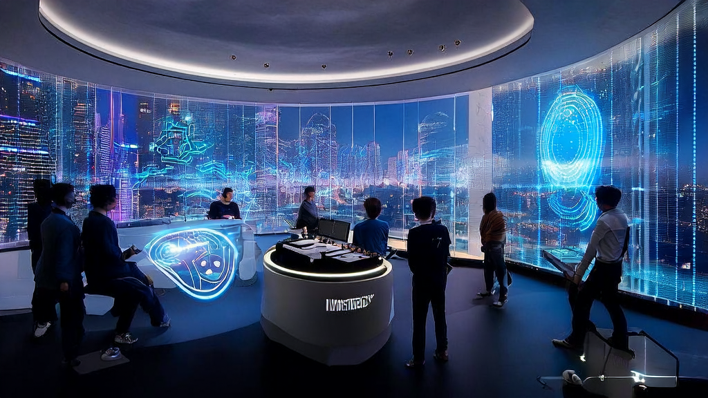 未来感办公室内，年轻创业者们使用AI技术分析全球市场数据，探索低成本高效获客的新趋势