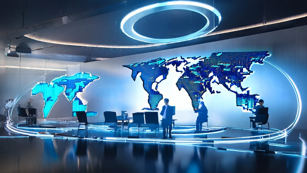 A futuristic office where business professionals use AI technology for precise customer data analysis and prediction
