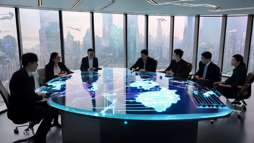In a futuristic office, young entrepreneurs are discussing the new trends of AI acquisition in cross-border e-commerce for 2025.