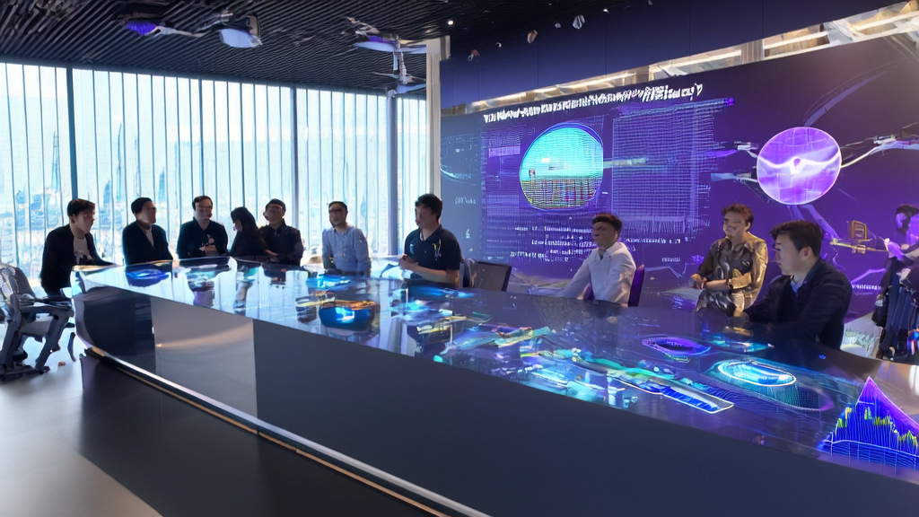 Future office showcasing AI acquisition trends: Cross-border commerce team leveraging advanced technology to overcome growth bottlenecks