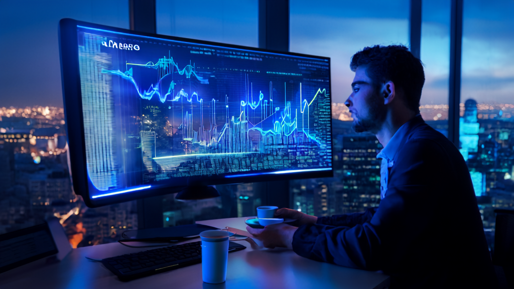 Entrepreneur in a futuristic office reviewing AI acquisition trends and email marketing analysis for 2025