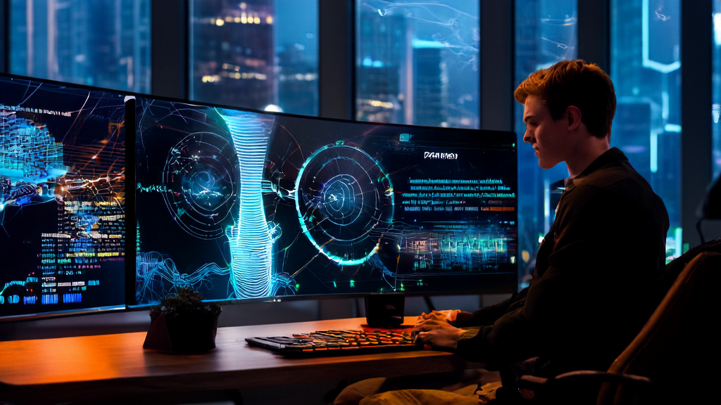 A young entrepreneur in a futuristic office using AI to optimize email marketing and improve response rates