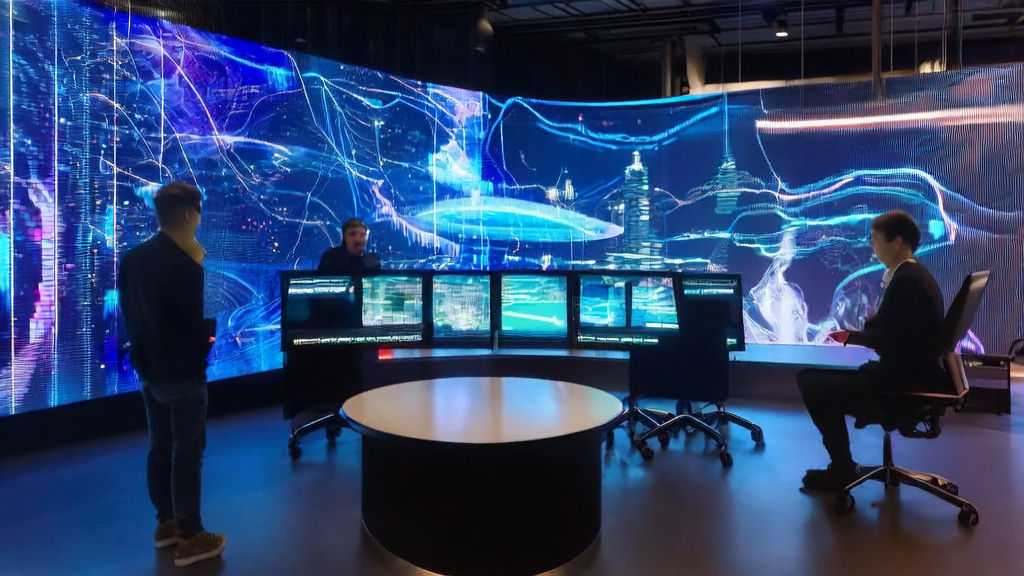 Young entrepreneurs in a futuristic office discussing new AI-driven acquisition strategies for cross-border e-commerce