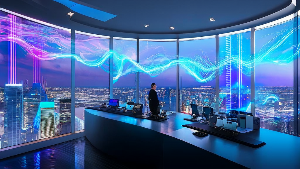 In a futuristic office, an entrepreneur uses AI technology for customer screening and data analysis, with a bustling city skyline in the background.