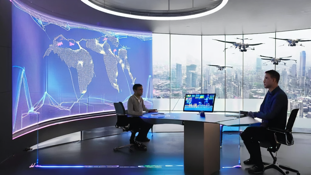 In a futuristic office, young entrepreneurs are discussing the new trends of AI acquisition in 2025.