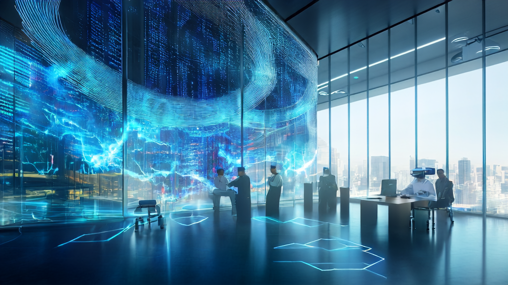 未来办公室内的科技工作者正在调试AI广告投放系统,窗外是繁华的城市景象。