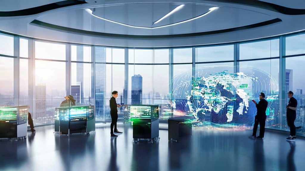 Data scientists discussing AI client prediction model in a futuristic office